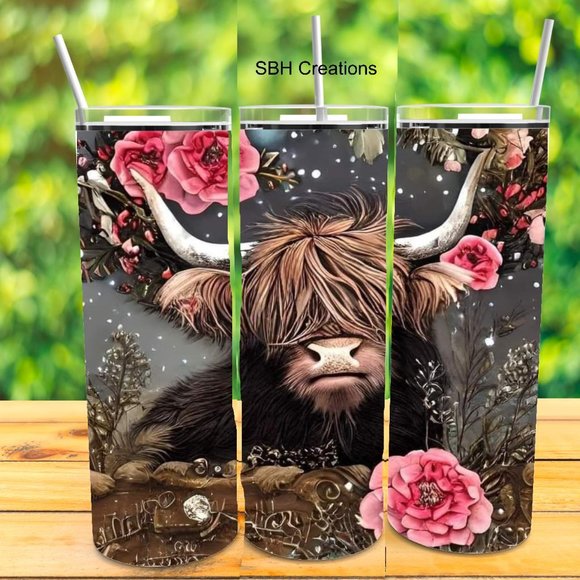 Pink Flower Highlander Cow Tumbler - Picture 1 of 1